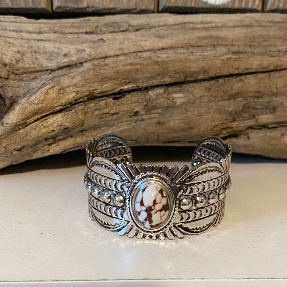 Silver and White Stone Women's Cuff Bracelet